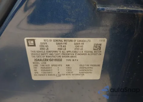 2016 Chevrolet Equinox Lt из США, поврежденный, VIN 2GNALCEK1G6180332